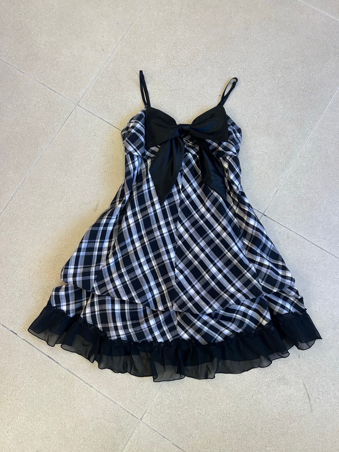 리본 체크 벌룬 원피스 상품이미지1