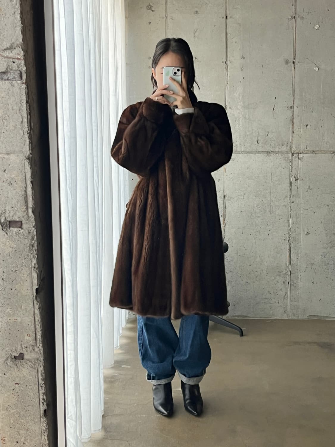 90s Genuine Mink 천연 밍크 롱 코트 마호가니 브라운 상품이미지5