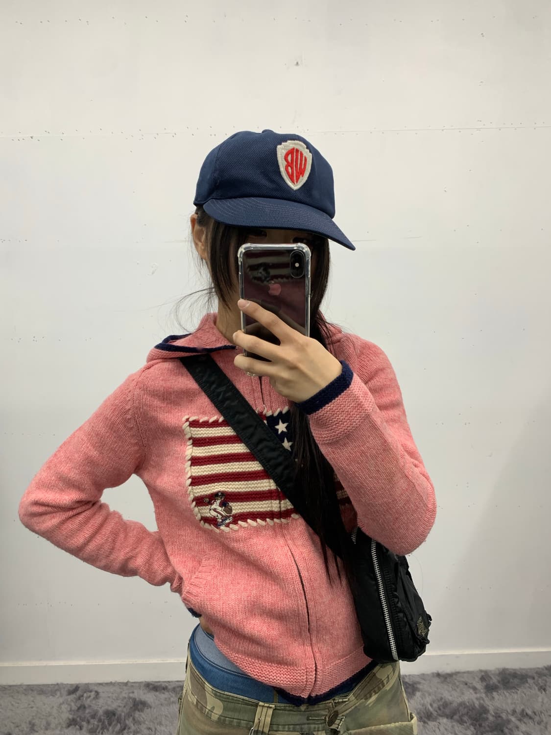 성조기 핑크 니트 후드집업 상품이미지1