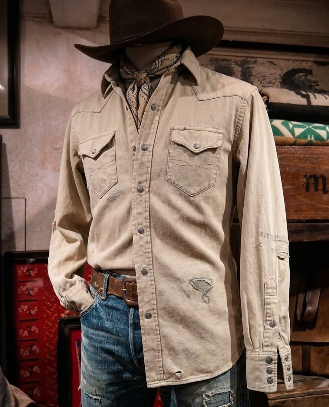 폴로 랄프로렌 디스트레스드 리페어 오트밀 콘초 웨스턴 셔츠 상품이미지4
