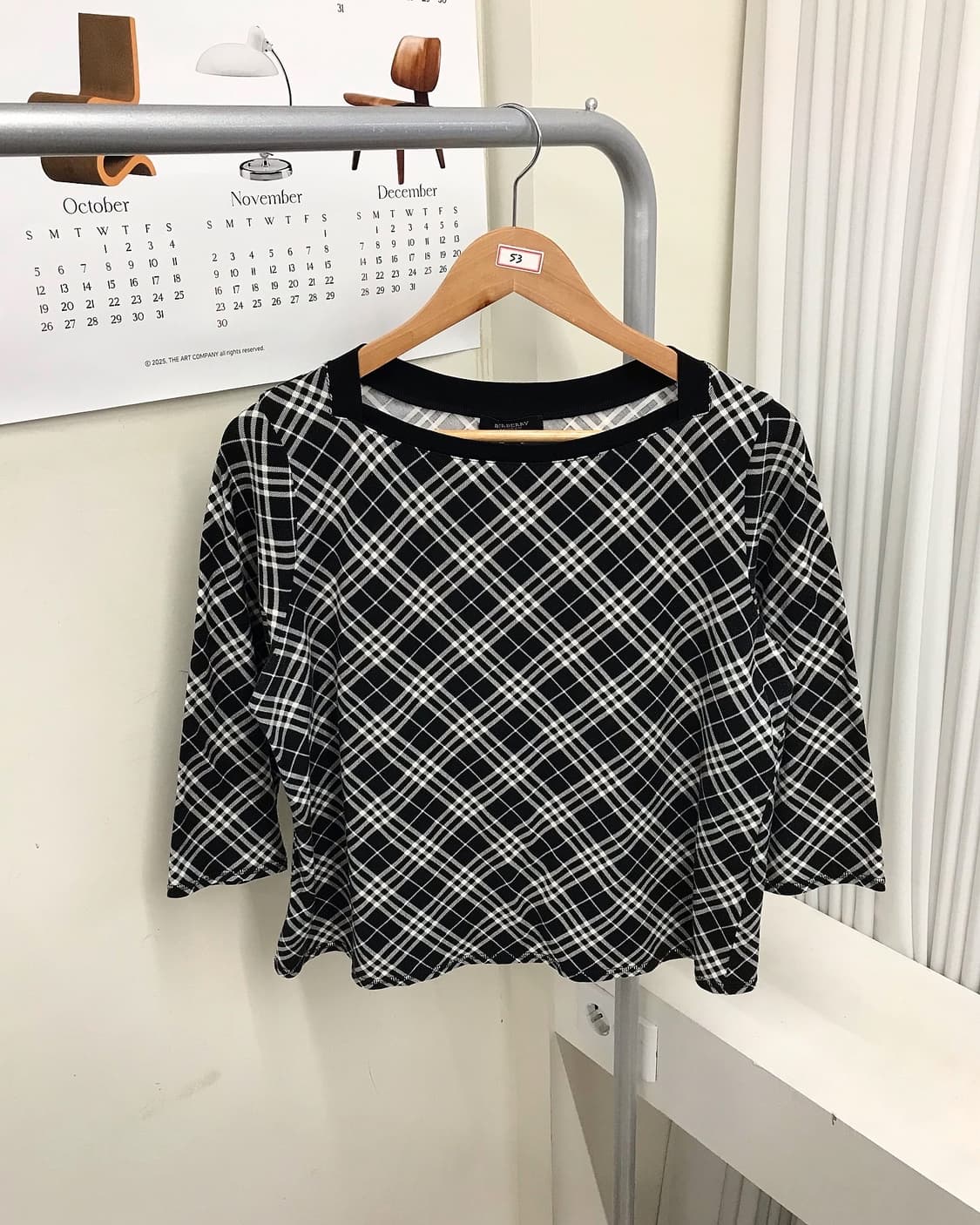 버버리 블랙 사선 체크 7부 긴팔티 상품이미지1