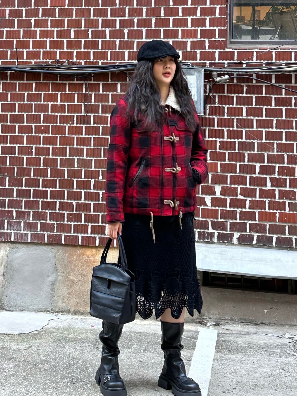 체크 떡뽁이 코트 오존 커뮤니티 롱슬리브 뜨개 미디 스커트 코디세트 상품이미지4