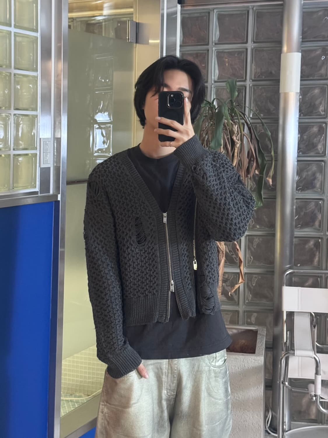 Line Zip Damage Cardigan 상품이미지1