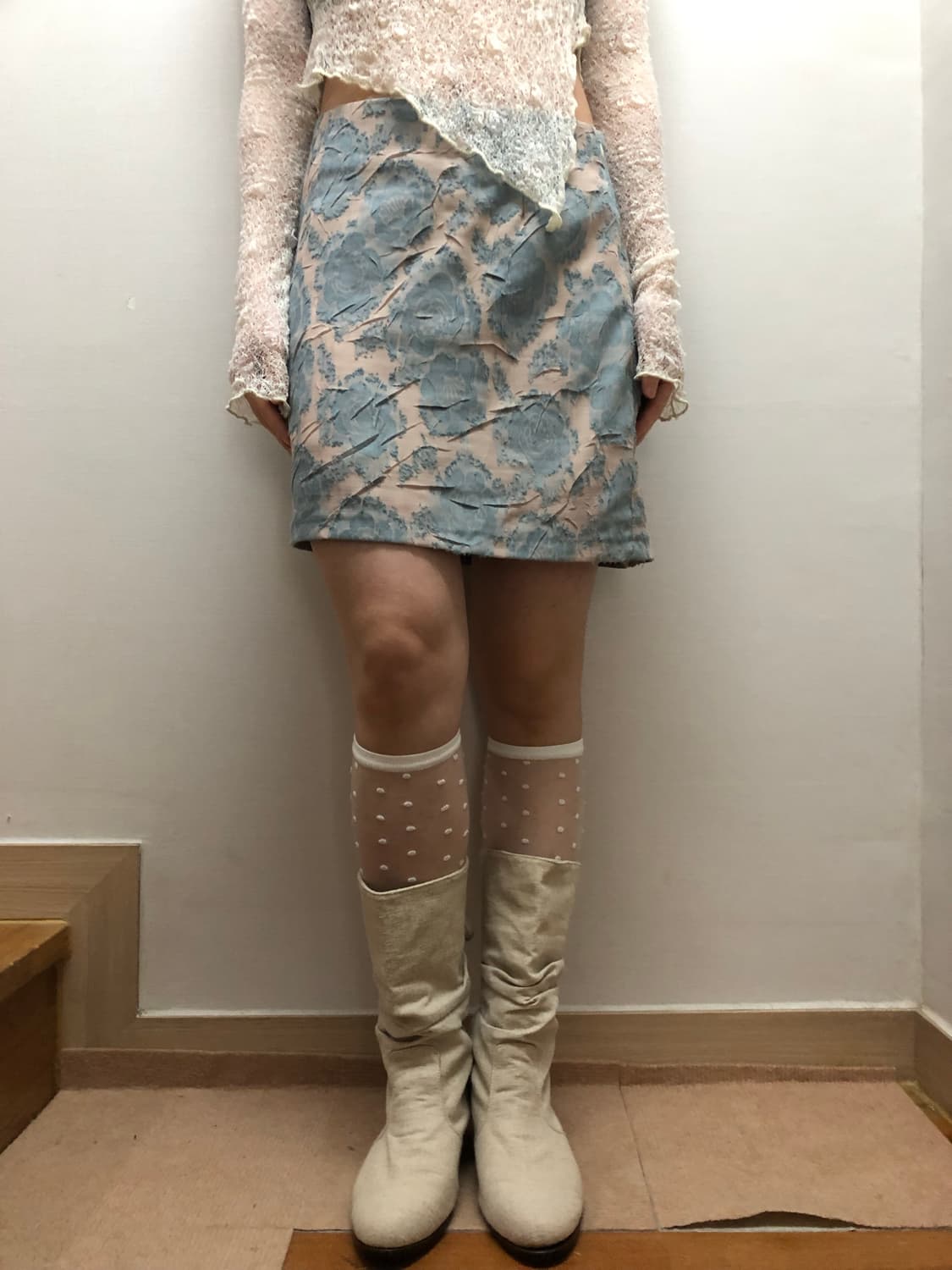빈티지 라이트 블루 플라워 미니 스커트 상품이미지1
