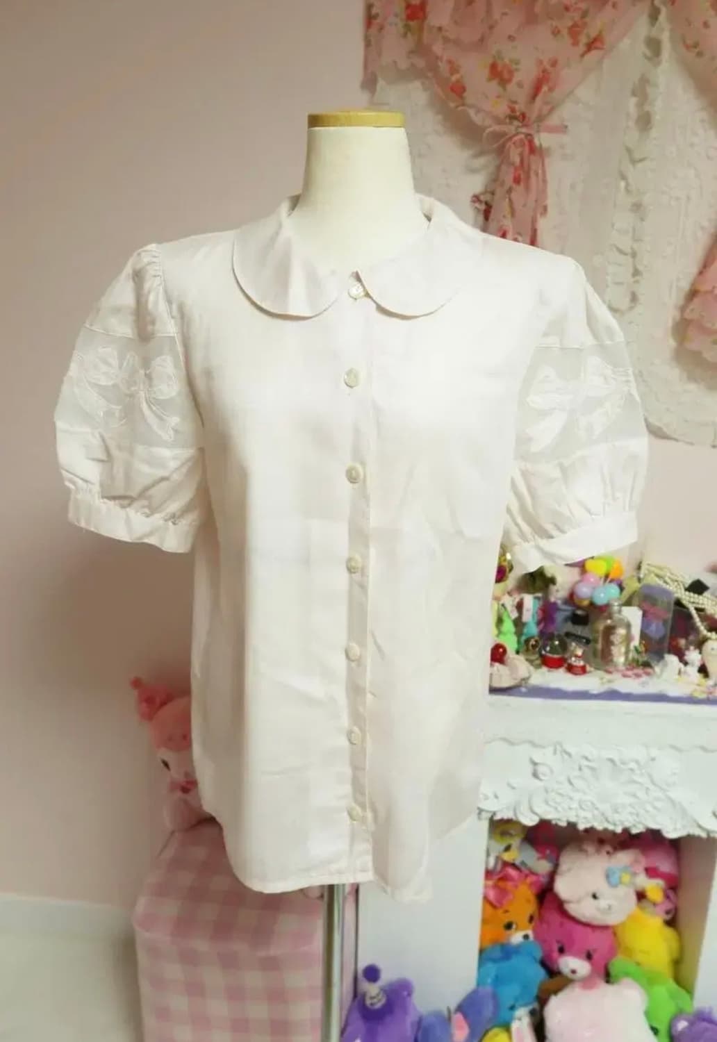 로리타 양산형 리본 시스루 퍼프 반팔 블라우스 상품이미지1