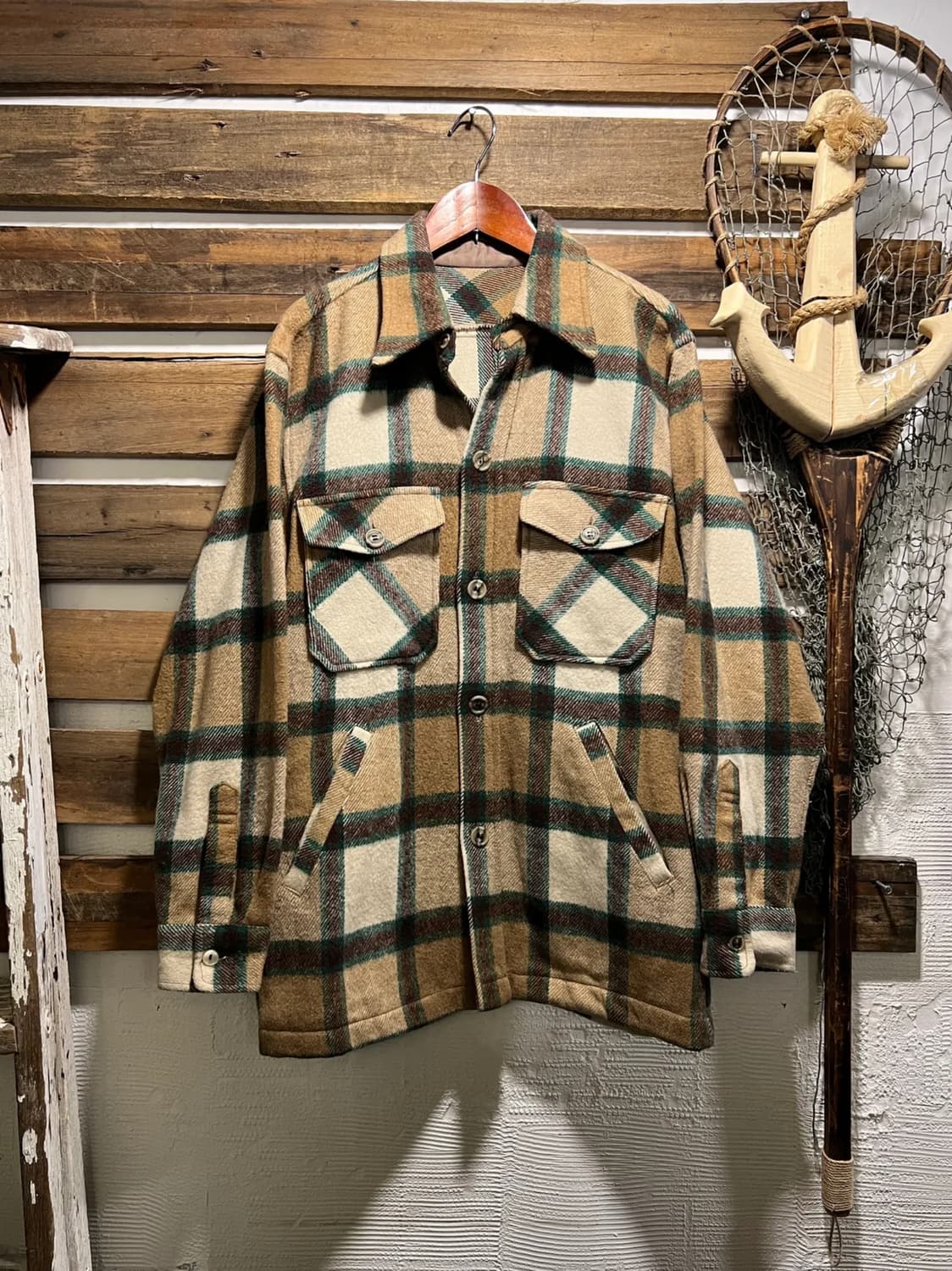 [M]90's 빈티지 베이지 타탄체크 울 셔츠 자켓 상품이미지1