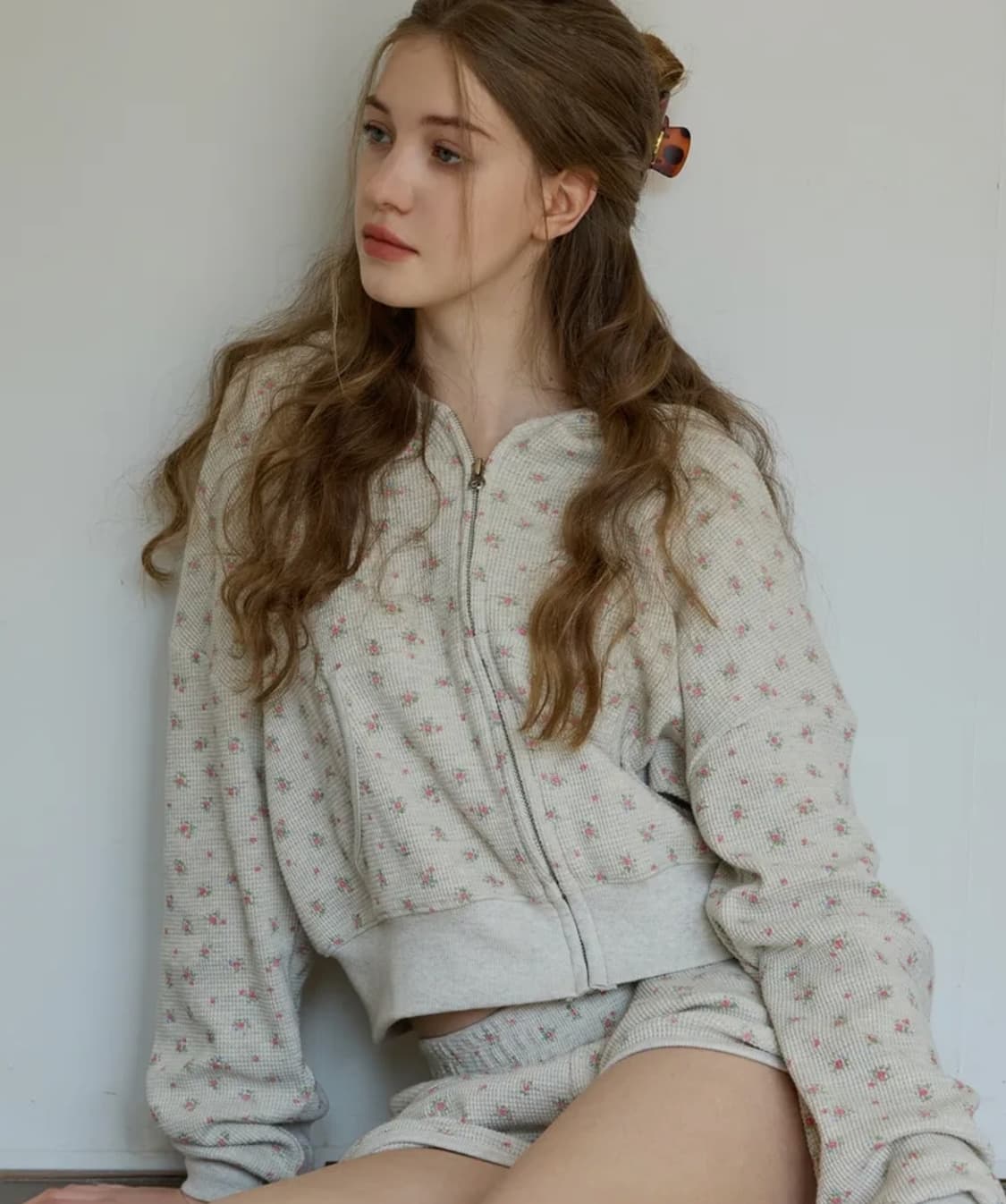 새상품)) 레터프롬문 앤디 플라워 와플 후드 집업 쇼츠 세트 오트밀 상품이미지1