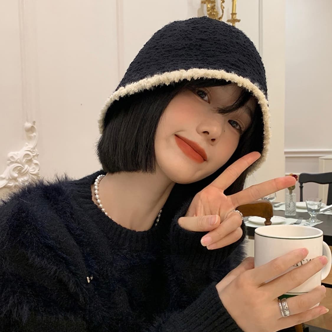 니트 배색 벙거지 버킷햇 블랙 새상품 상품이미지1