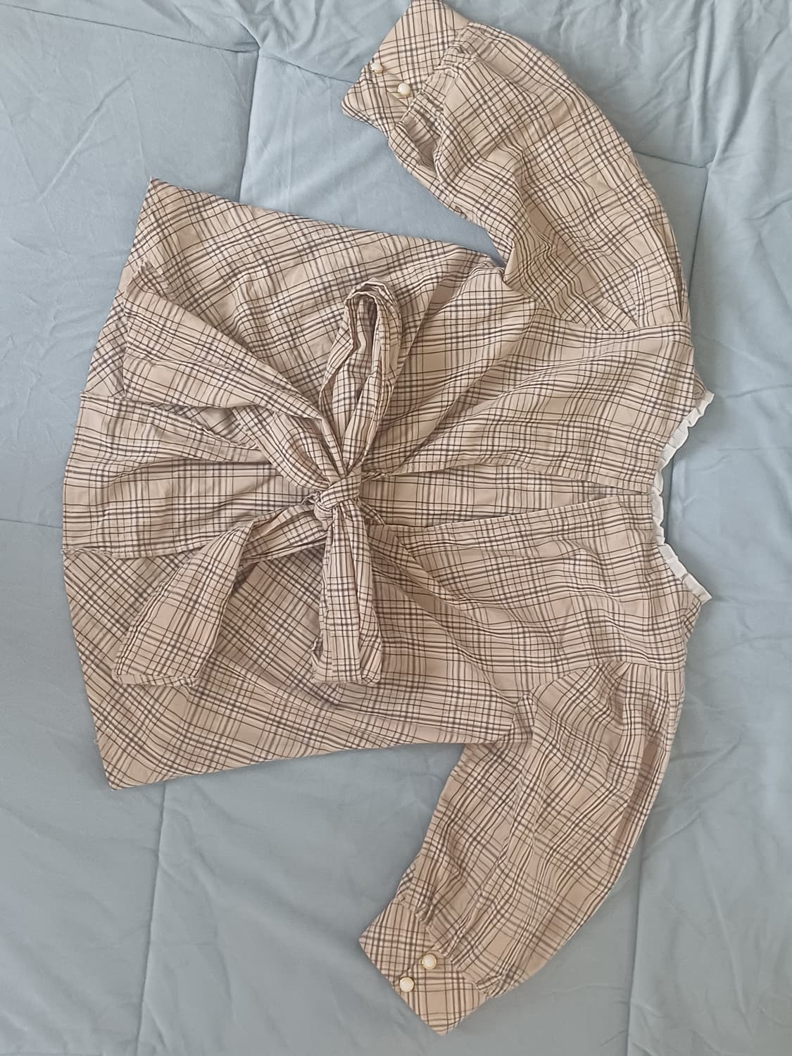 일본 빈티지 반팔 백 리본 체크 블라우스 상품이미지3