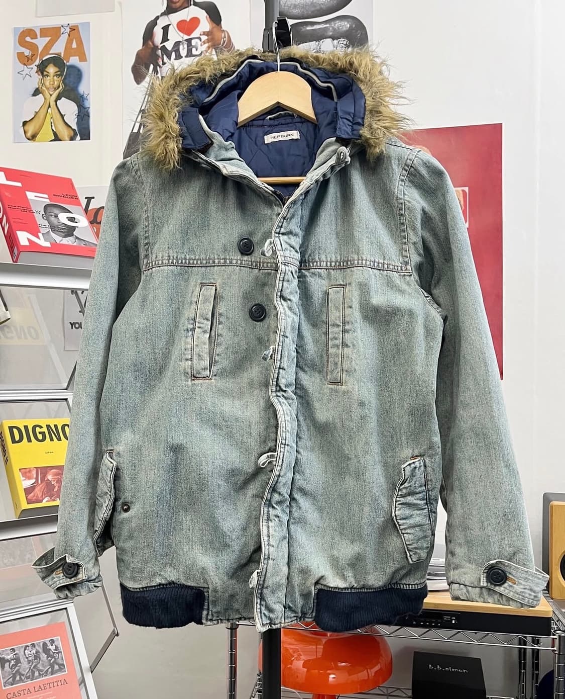 올드 빈티지 퍼 후드 데님 블루종 자켓 상품이미지1