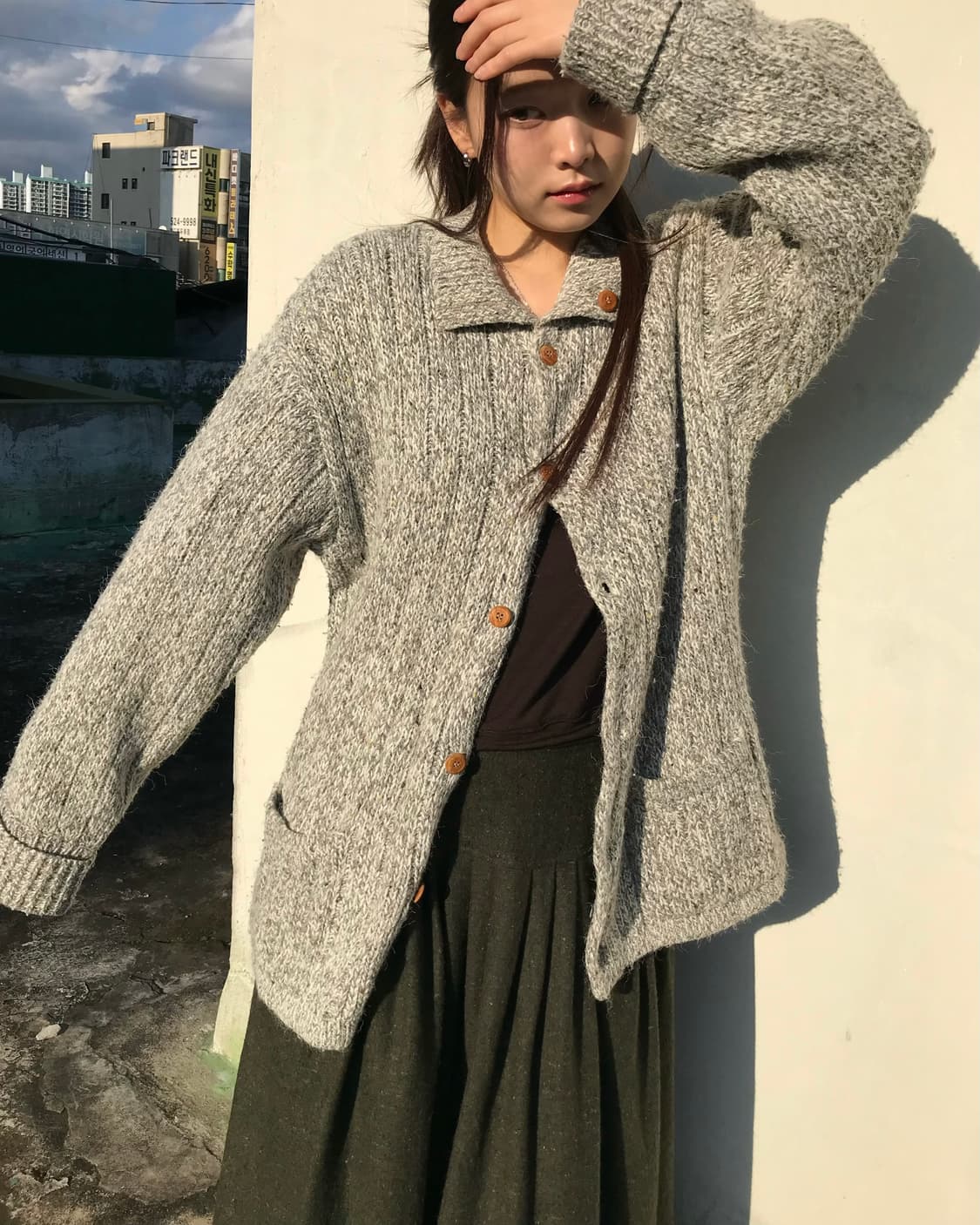 오트밀 니트 가디건 상품이미지1