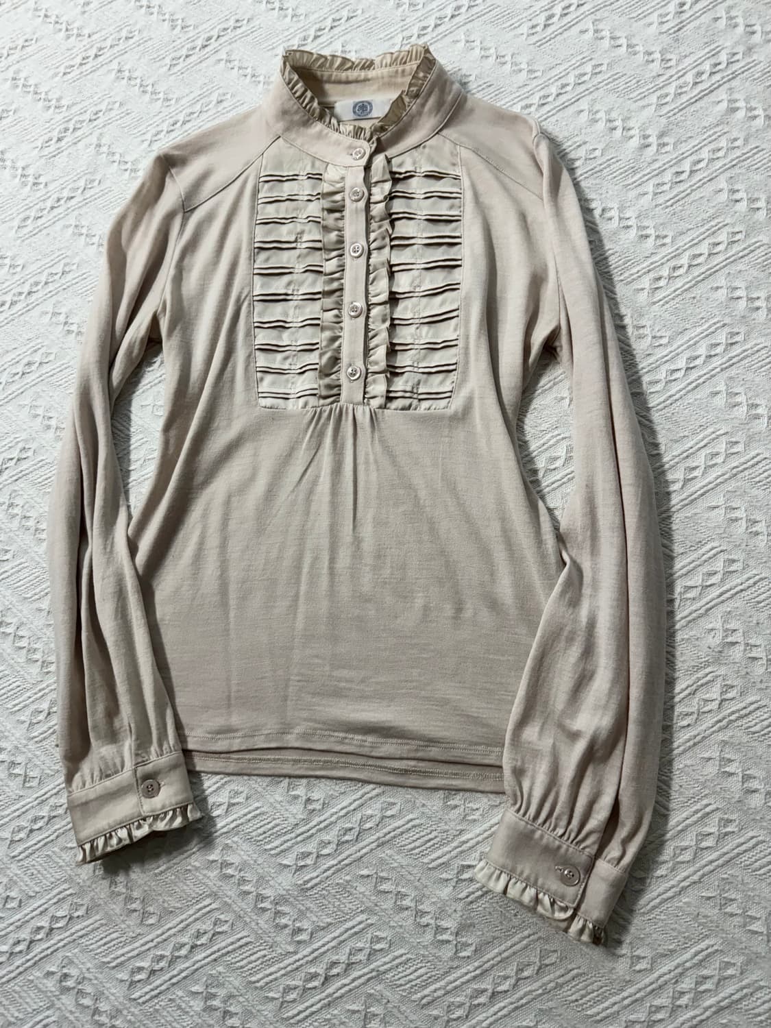 울 러플 버튼 넥 롱 슬리브 블라우스 상품이미지2