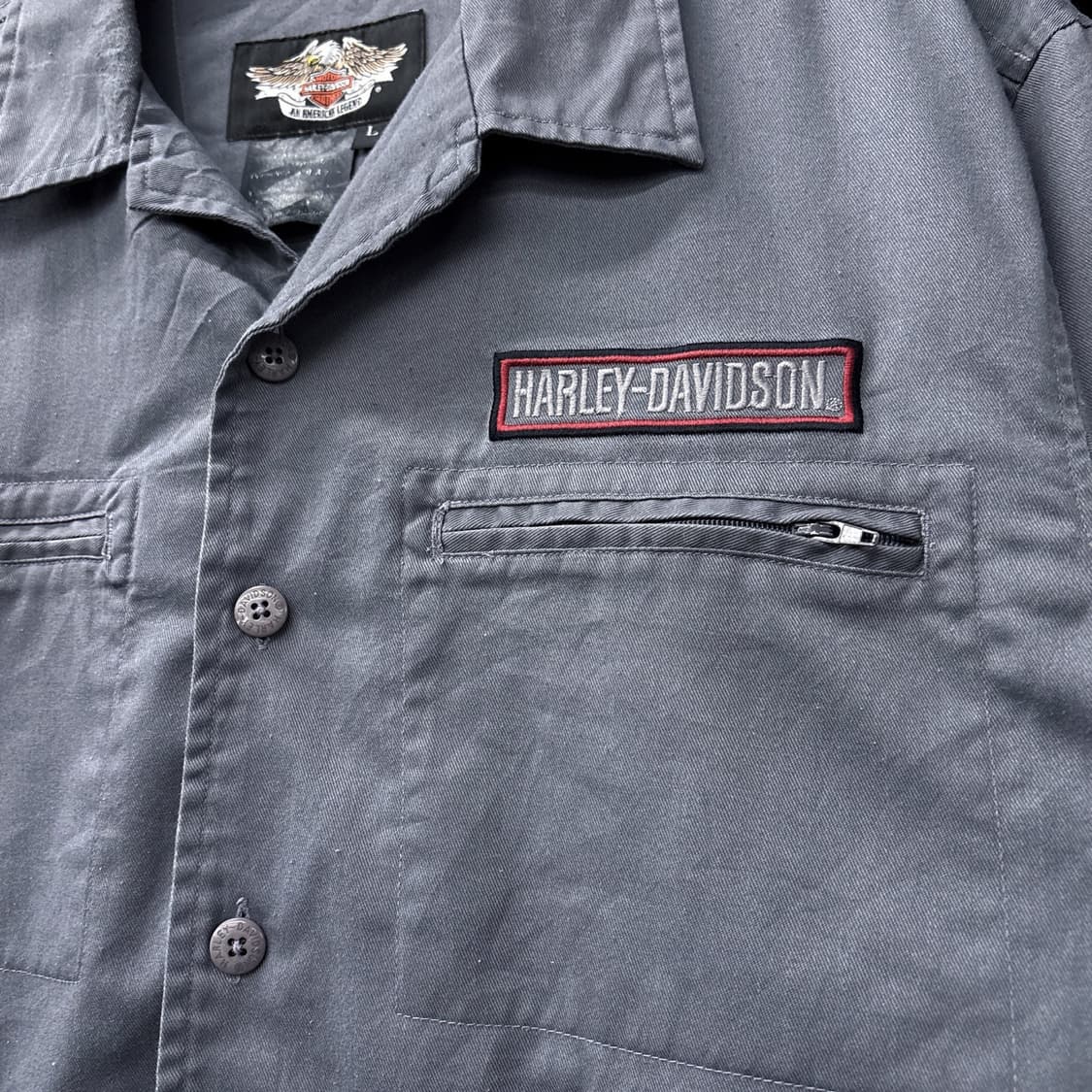 00s 할리데이비슨 레터링바 오픈윙 자수 지퍼포켓 개러지셔츠 N1185 상품이미지6