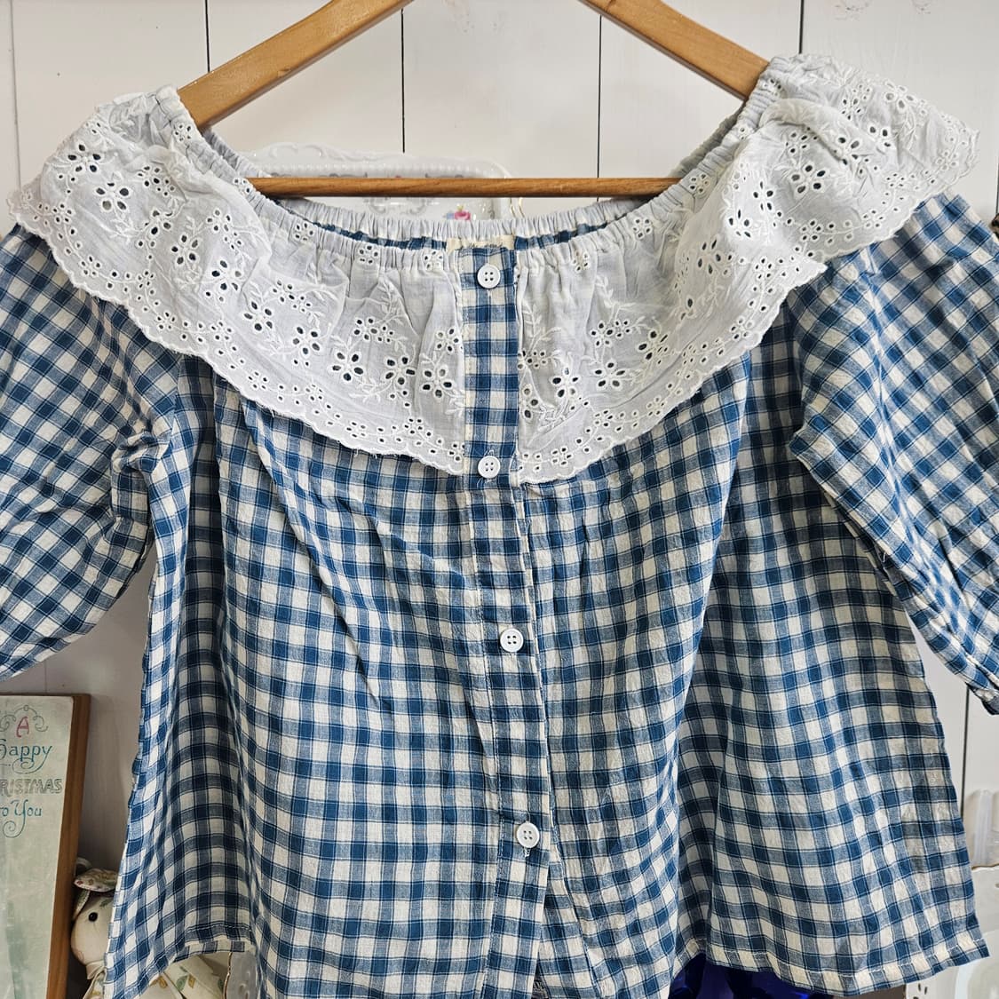 체크 레이스 오프숄더 블라우스 상품이미지3