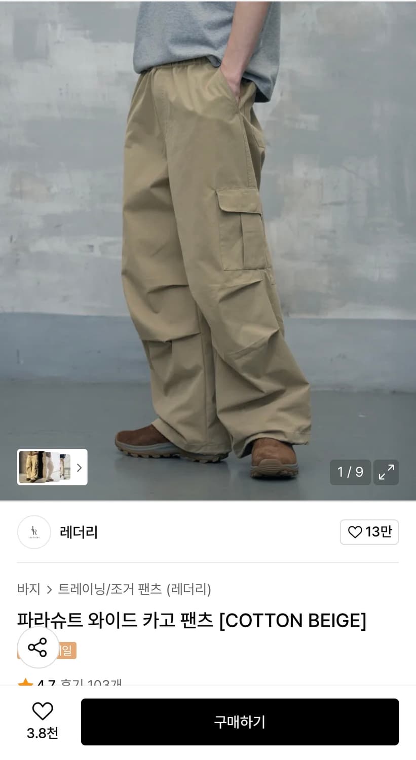 (M) 레더리 파라슈트 와이드 카고 팬츠 [COTTON BEIGE] 판매 상품이미지1