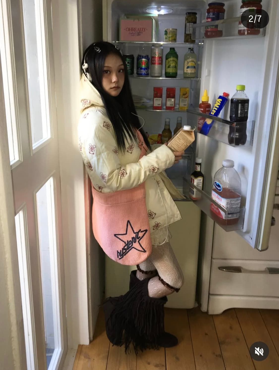 히스테릭글래머 빈티지 퍽베어 리버시블 경량 패딩 아이보리 상품이미지2