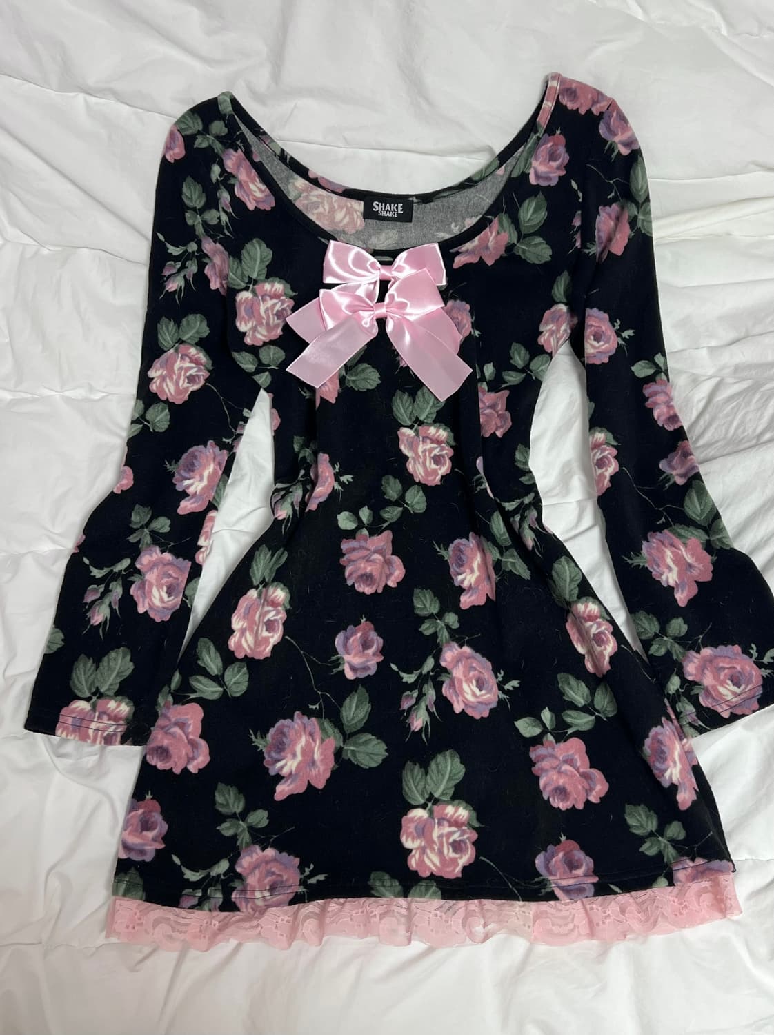 Shakeshake 로즈 빈티지 블랙 핑크 리본 미니 원피스 상품이미지2