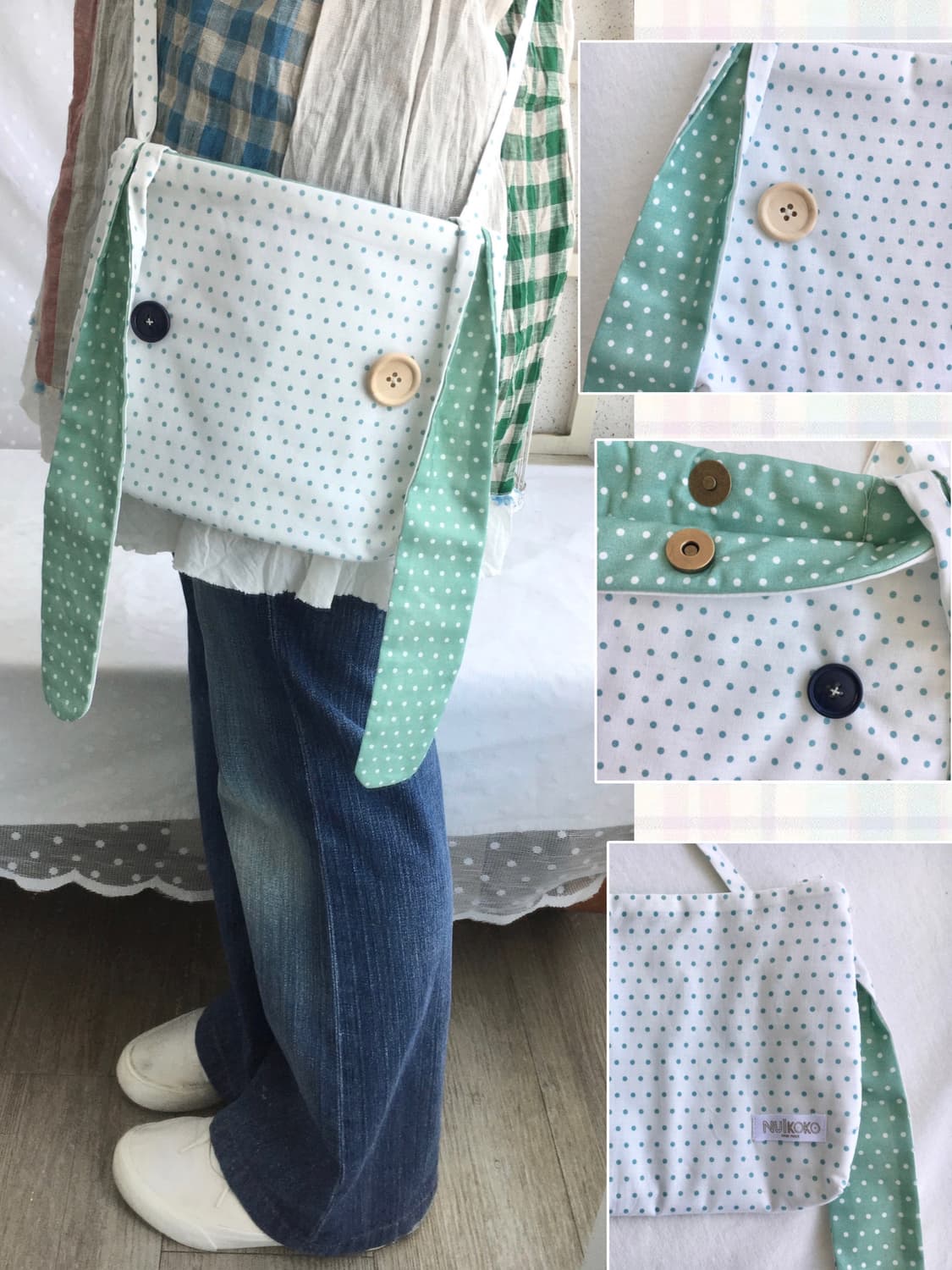 [HANDMADE] 핸드메이드 민트 도트 토끼 크로스백 모리걸 상품이미지1