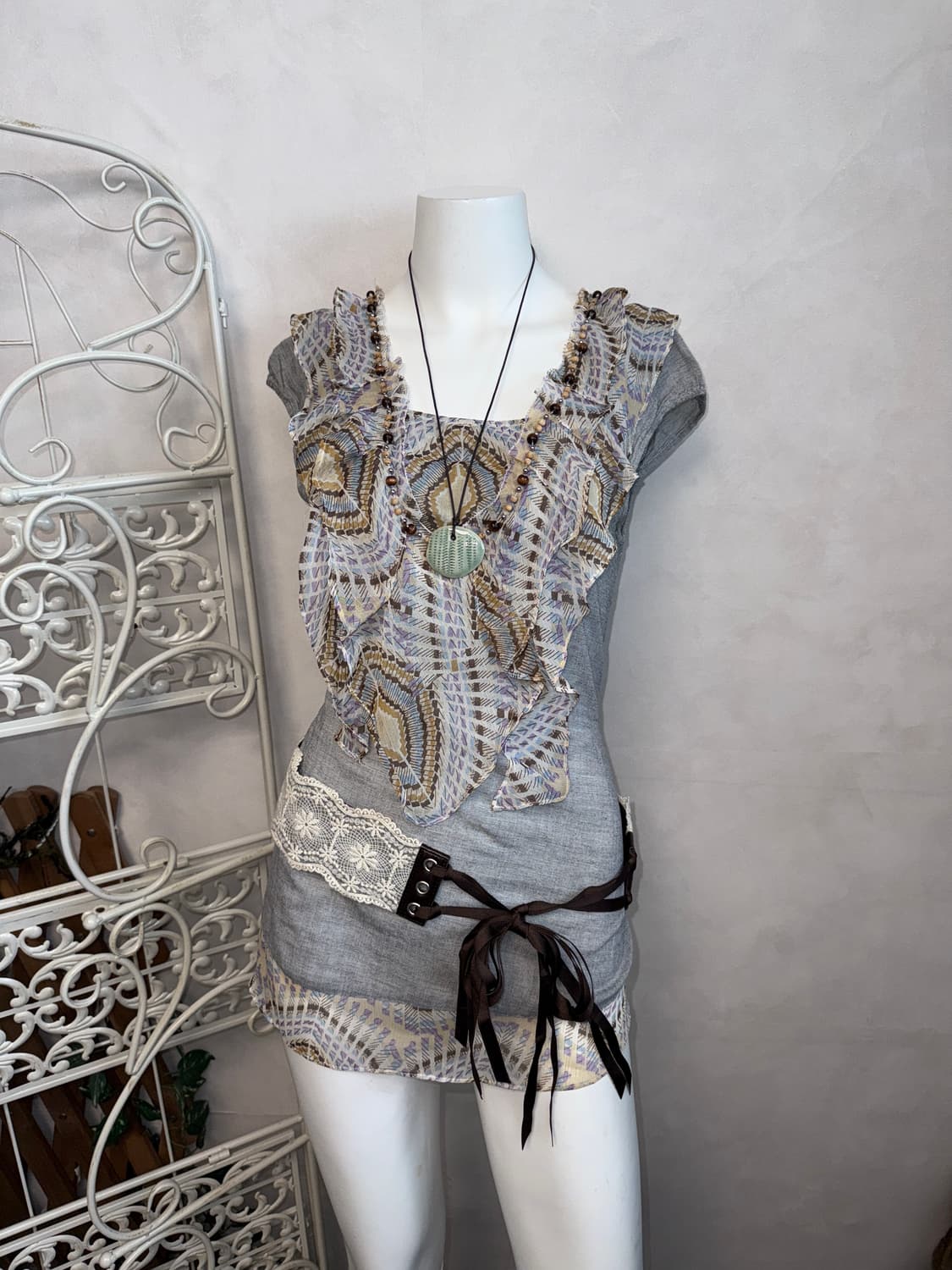 BNX gray ethnic wood beads python blouse 상품이미지2