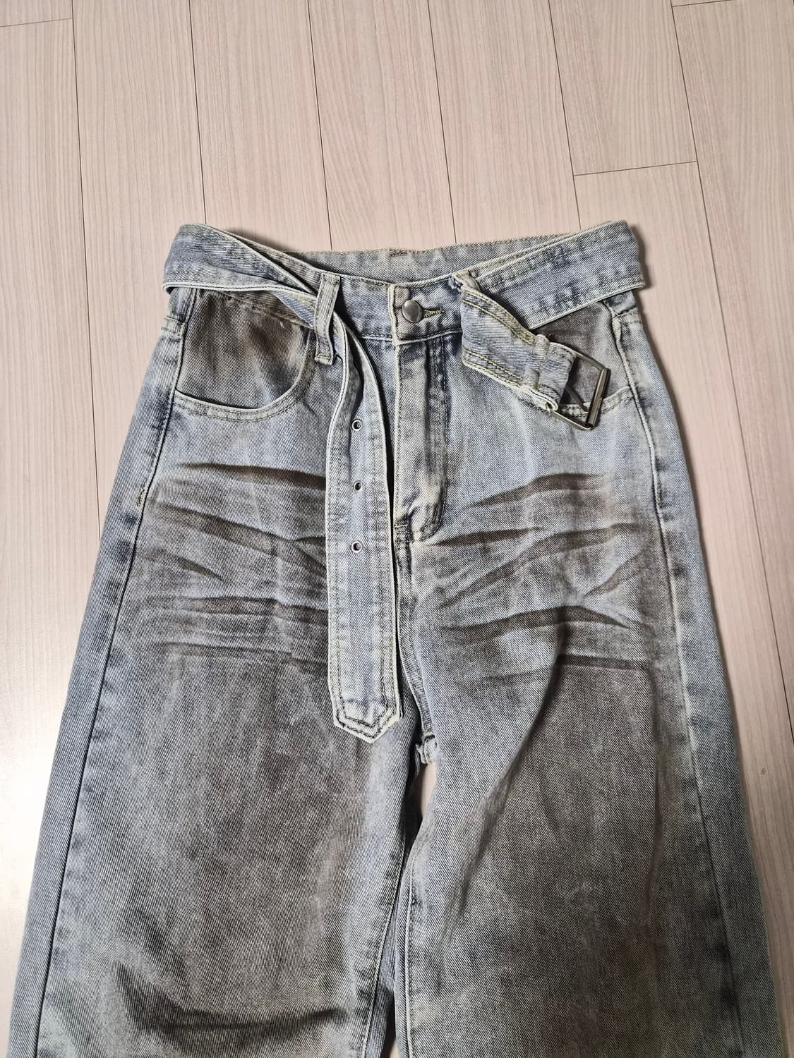 [유니크/빈티지] 하이웨스트 샌드 워싱 벨티드 와이드 데님 상품이미지2