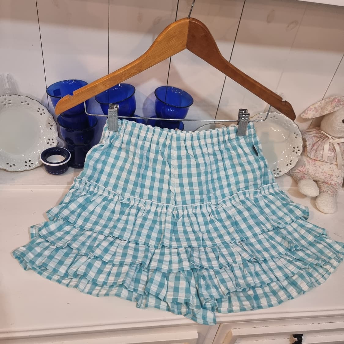 하늘색 깅엄체크 프릴 바지 상품이미지2