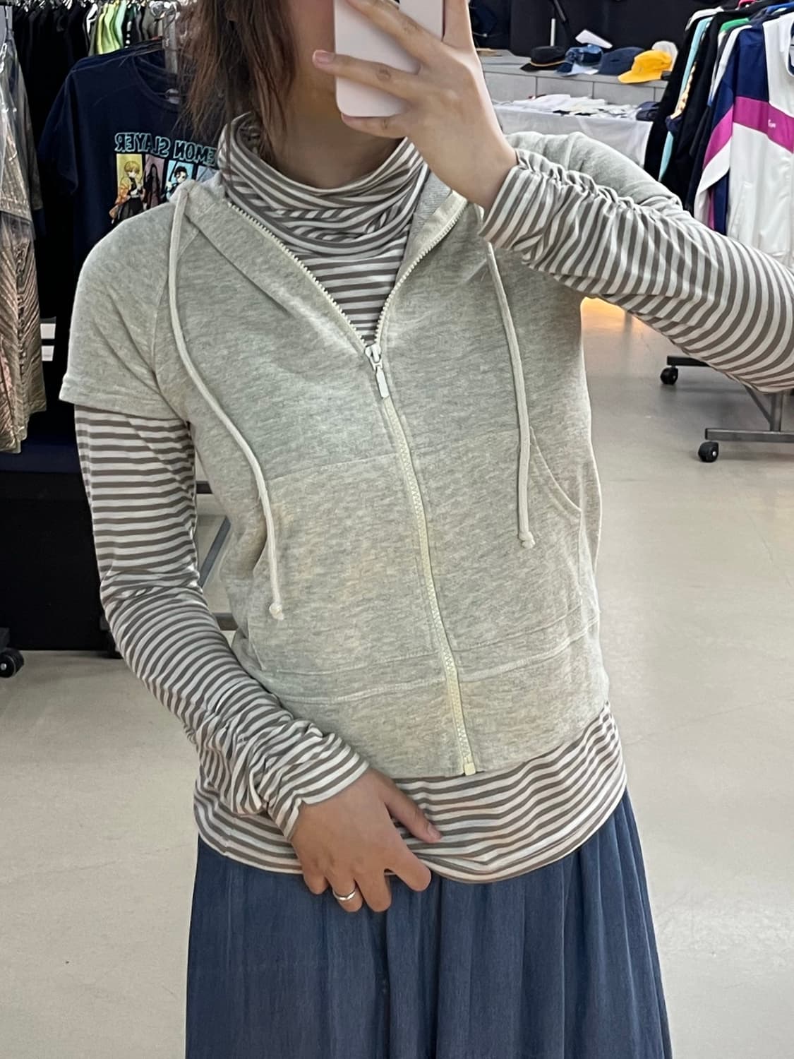 모리 후드집업 데님 롱스커트 셔링 목폴라 코디세트 상품이미지2