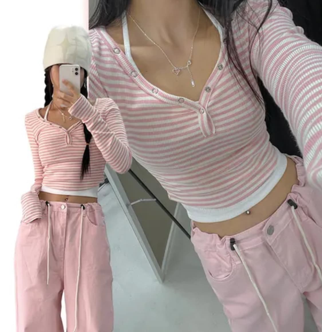 아쿠비클럽 핑크 스트라이프 크롭 상품이미지2