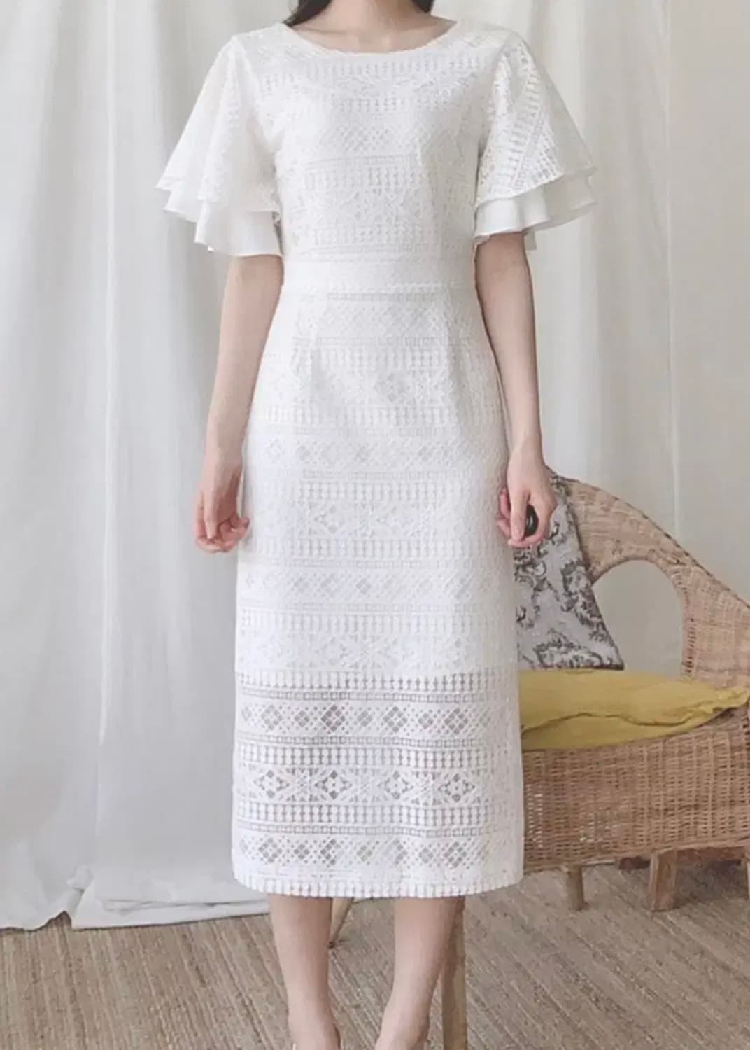 레이스 러플 반팔 시스루 슬림 화이트 롱원피스 브라이덜샤워 웨딩드레스 상품이미지2