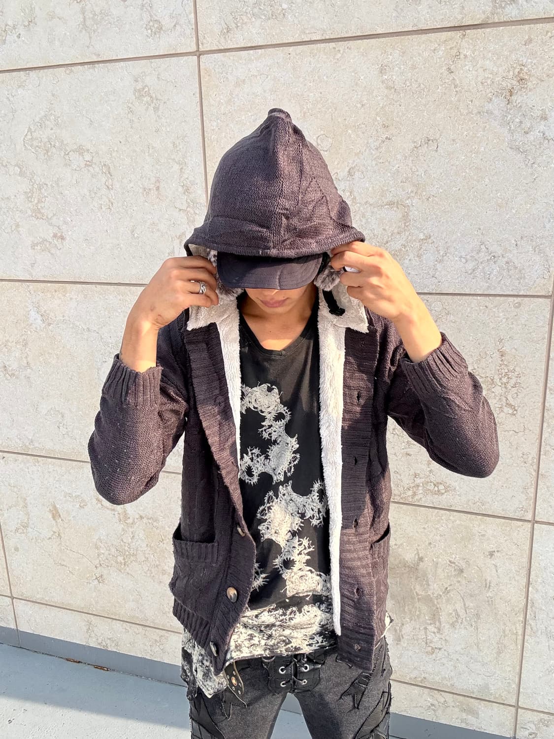 “Vintage”Grey Knit Hoodie Cardigan 상품이미지1