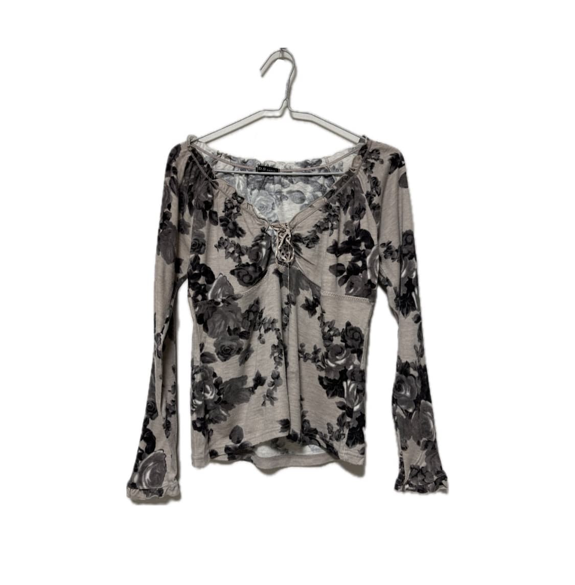 빈티지 플로럴 브이넥 프릴 디테일 긴팔티 상품이미지1