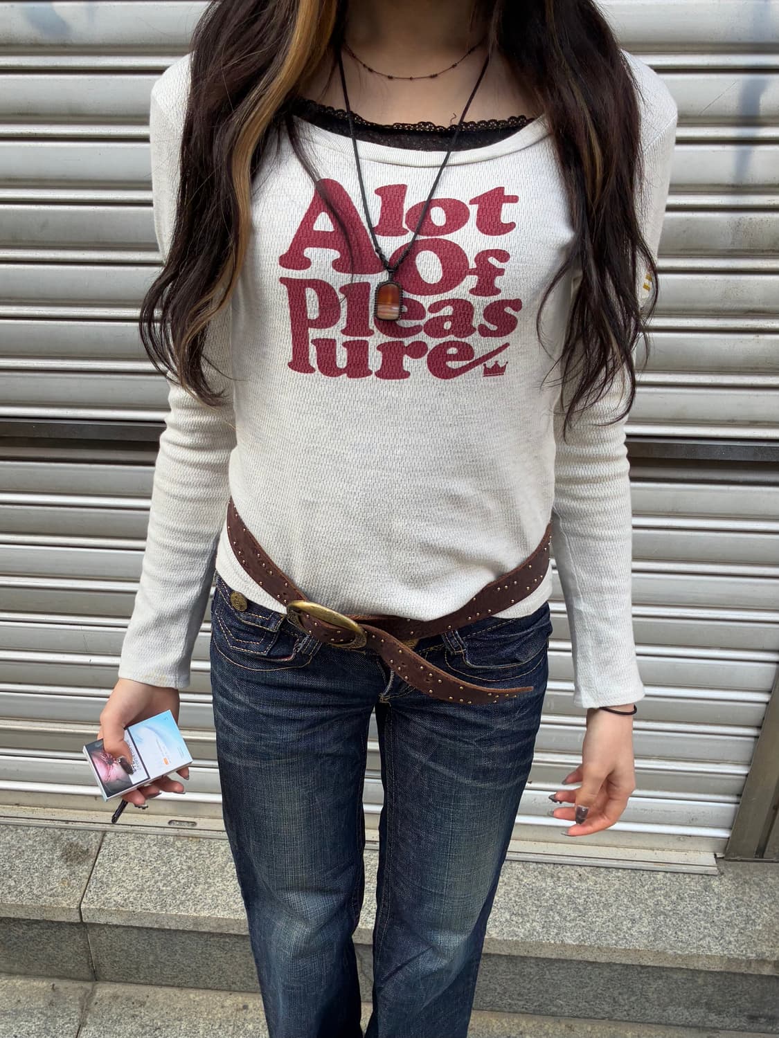 M)Japanese vintage 여성 프린팅 패치 와플 롱슬리브 상품이미지1