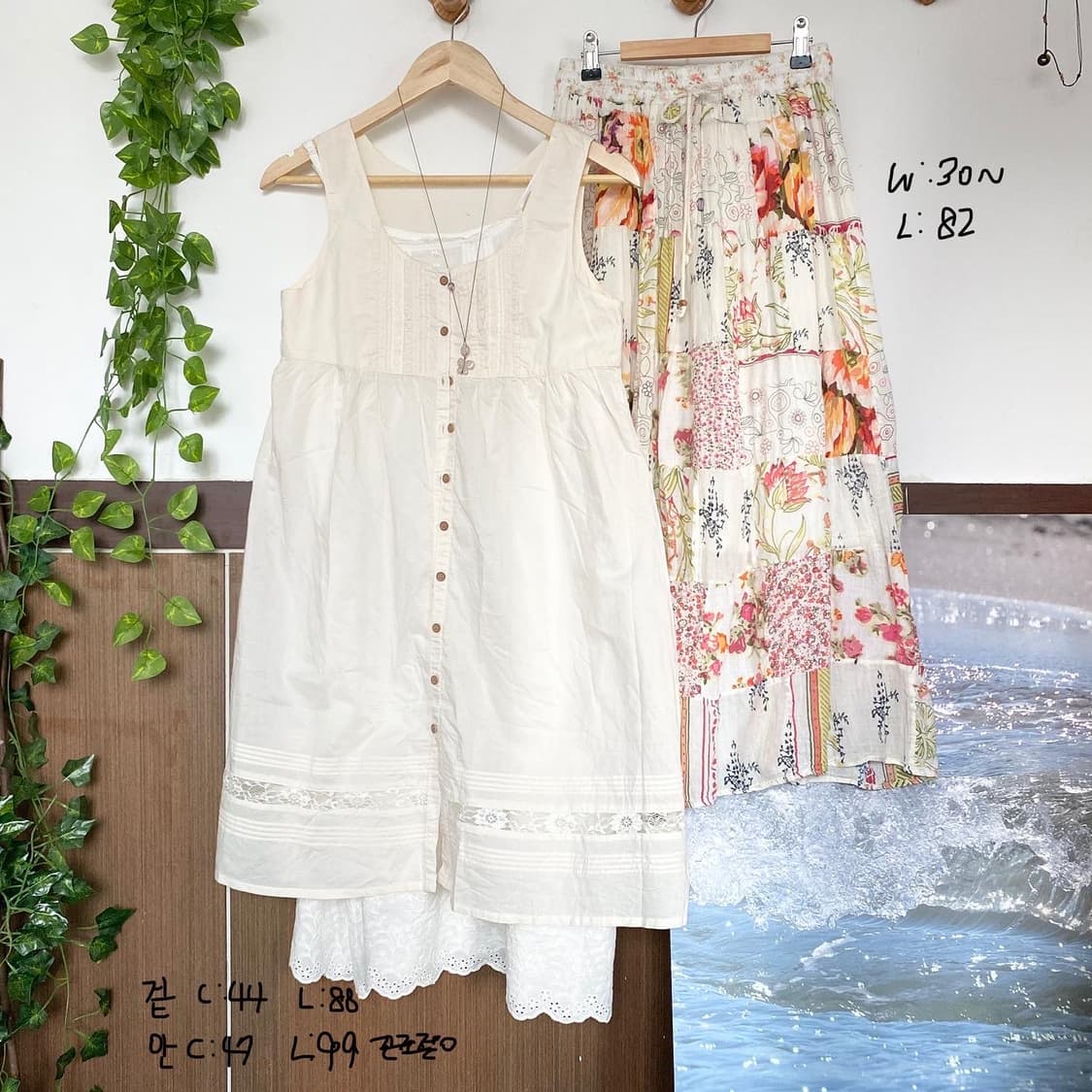 연베이지 레이스 패치 레이스 자수 슬리브리스 원피스 상품이미지4