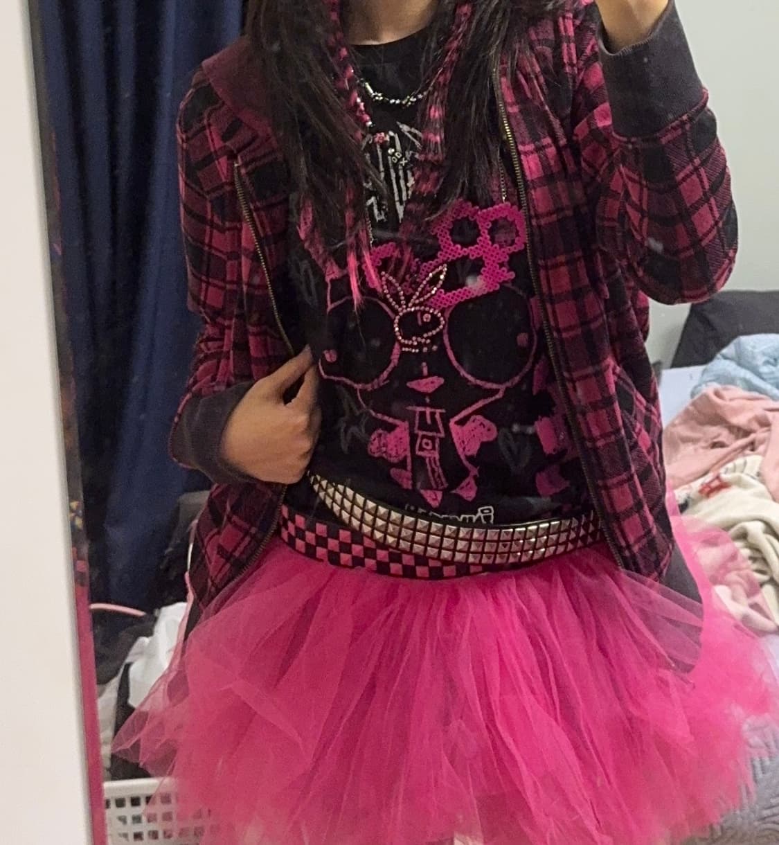 핑크 검정 체크 후드집업  상품이미지2