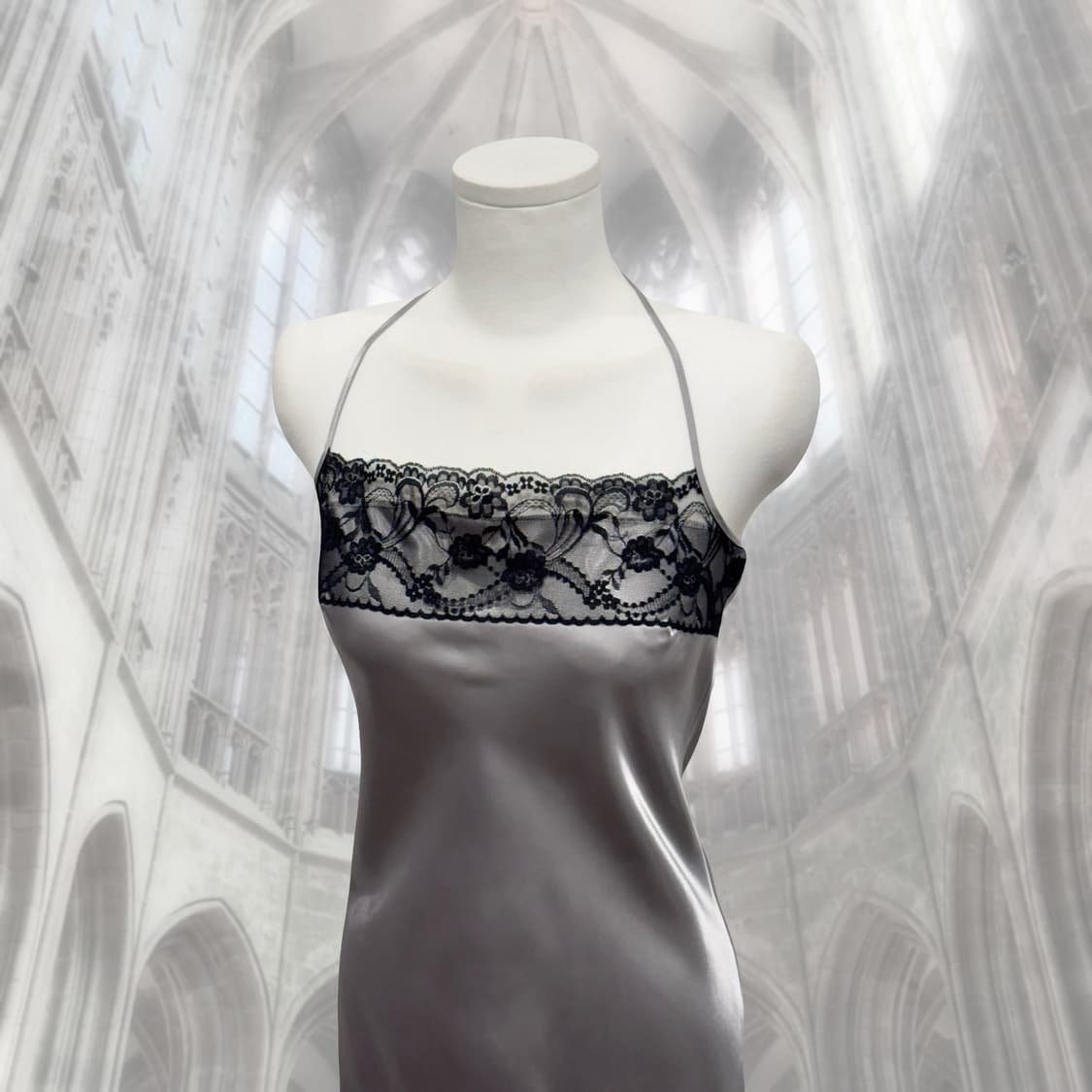 빈티지 실버 새틴 레이스 홀터넥 슬립 원피스 상품이미지2