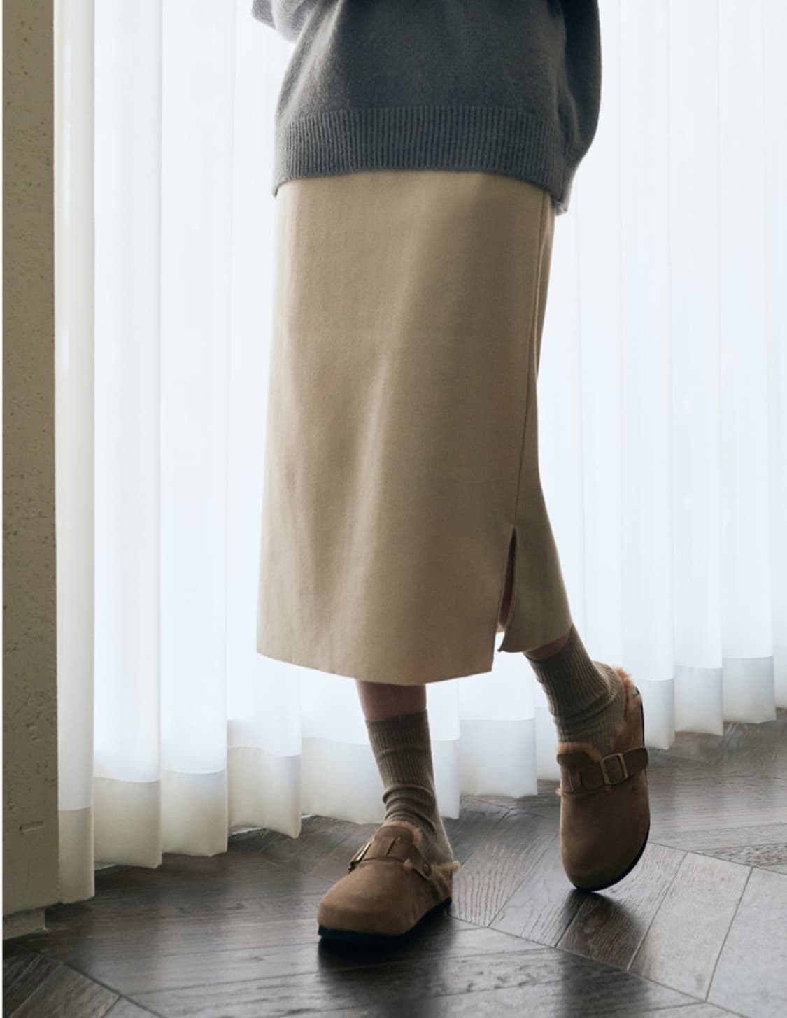 로에일 리브드 슬릿 밴딩 스커트 - 크림 프리사이즈 상품이미지1