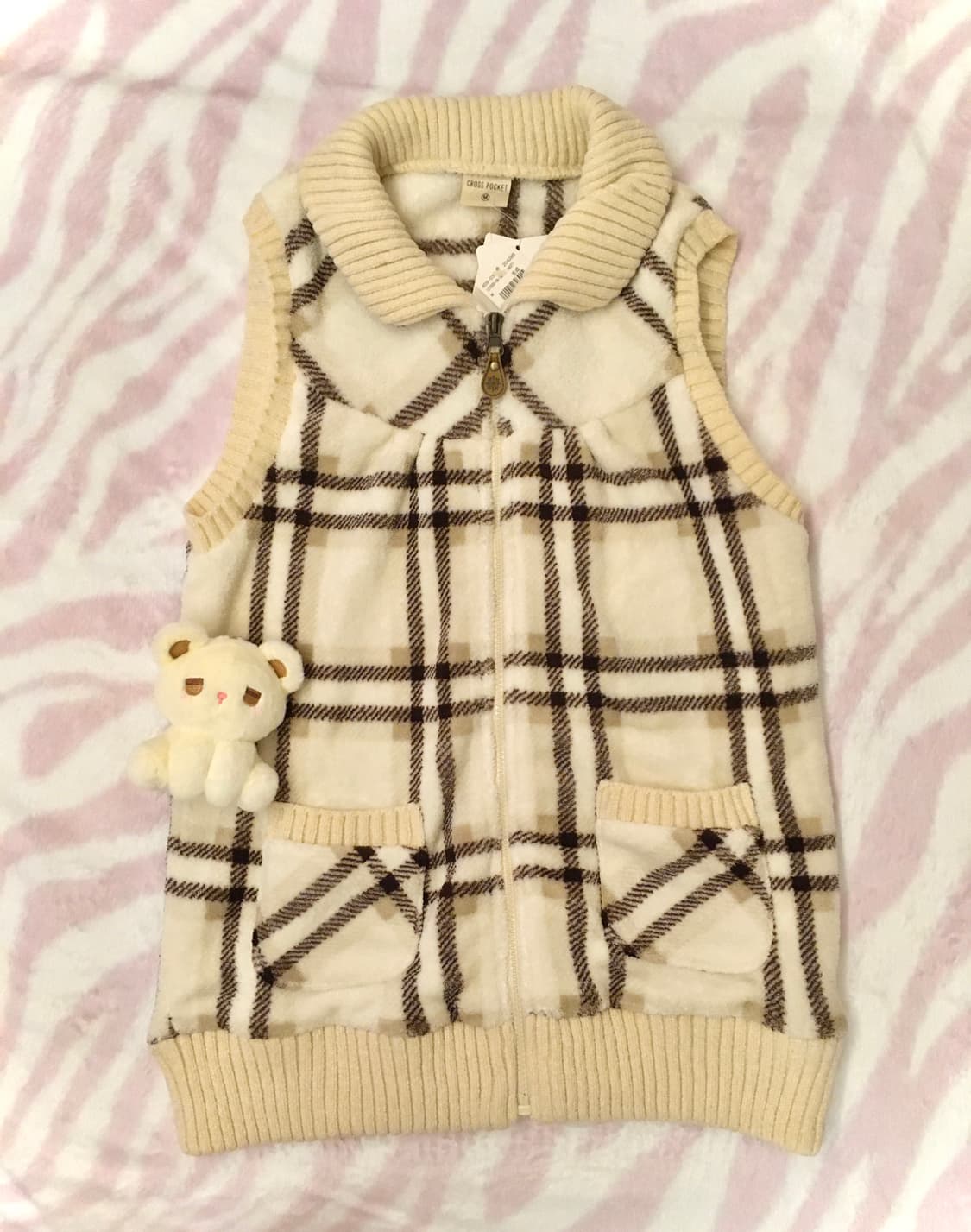 아이보리 체크 포켓 조끼 집업 모리걸 라떼갸루 상품이미지1