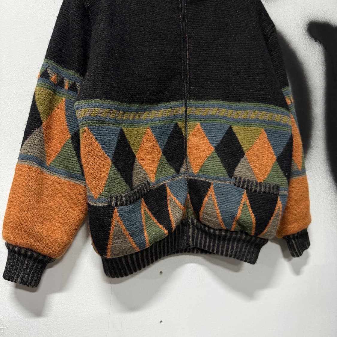 VTG 빈티지 에스닉 웨스턴 스타일 아가일 디테일 집업 울 니트 상품이미지3