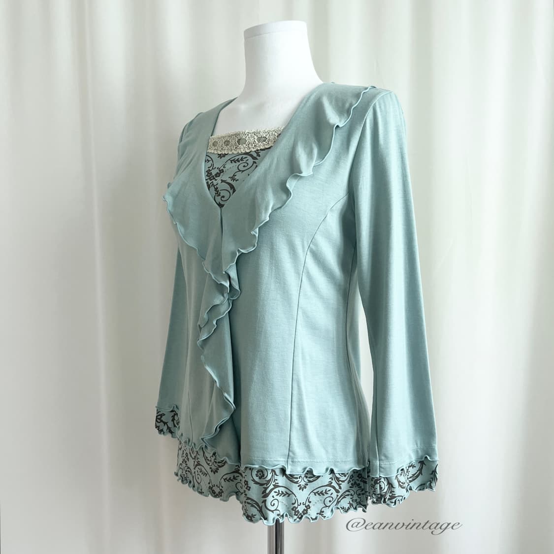 teal green pattern ruffle top 상품이미지3