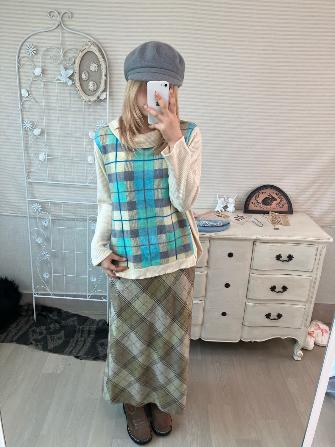 jpn vintage olive khaki check wool skirt 상품이미지2