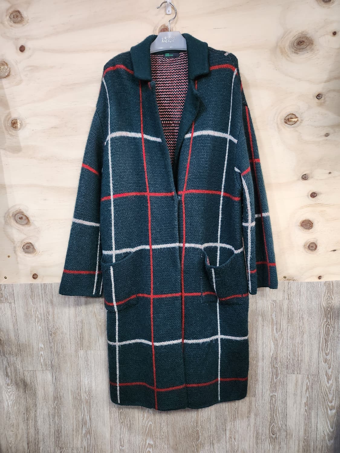 640) 베네통 딥그린 체크 롱 가디건 코트 상품이미지1