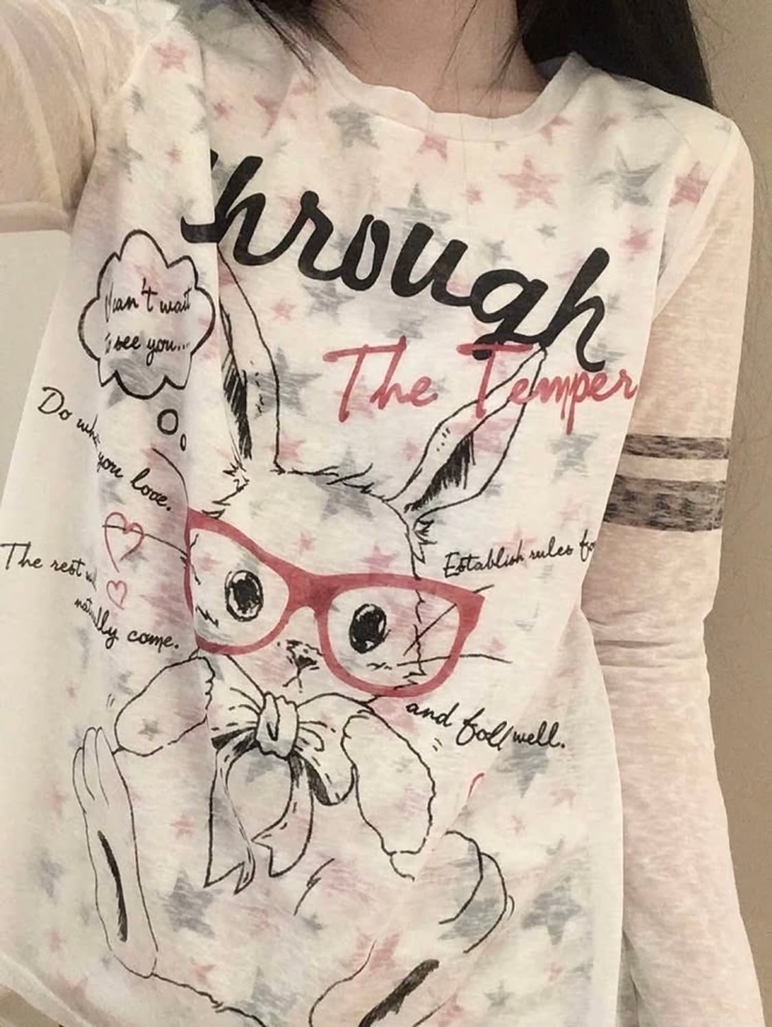 빈티지 조지후쿠 헤이세이 갸루모리너드니혼진미소녀 별토끼 레터링 티셔츠 상품이미지2