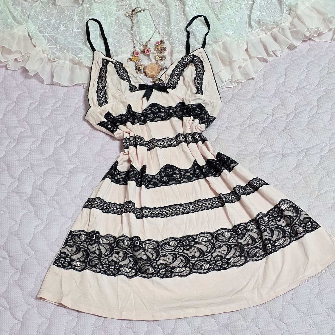 빅토리아시크릿 고전)2012 빈티지 블랙핑크 레이스리본히메갸루 슬립원피스 상품이미지3