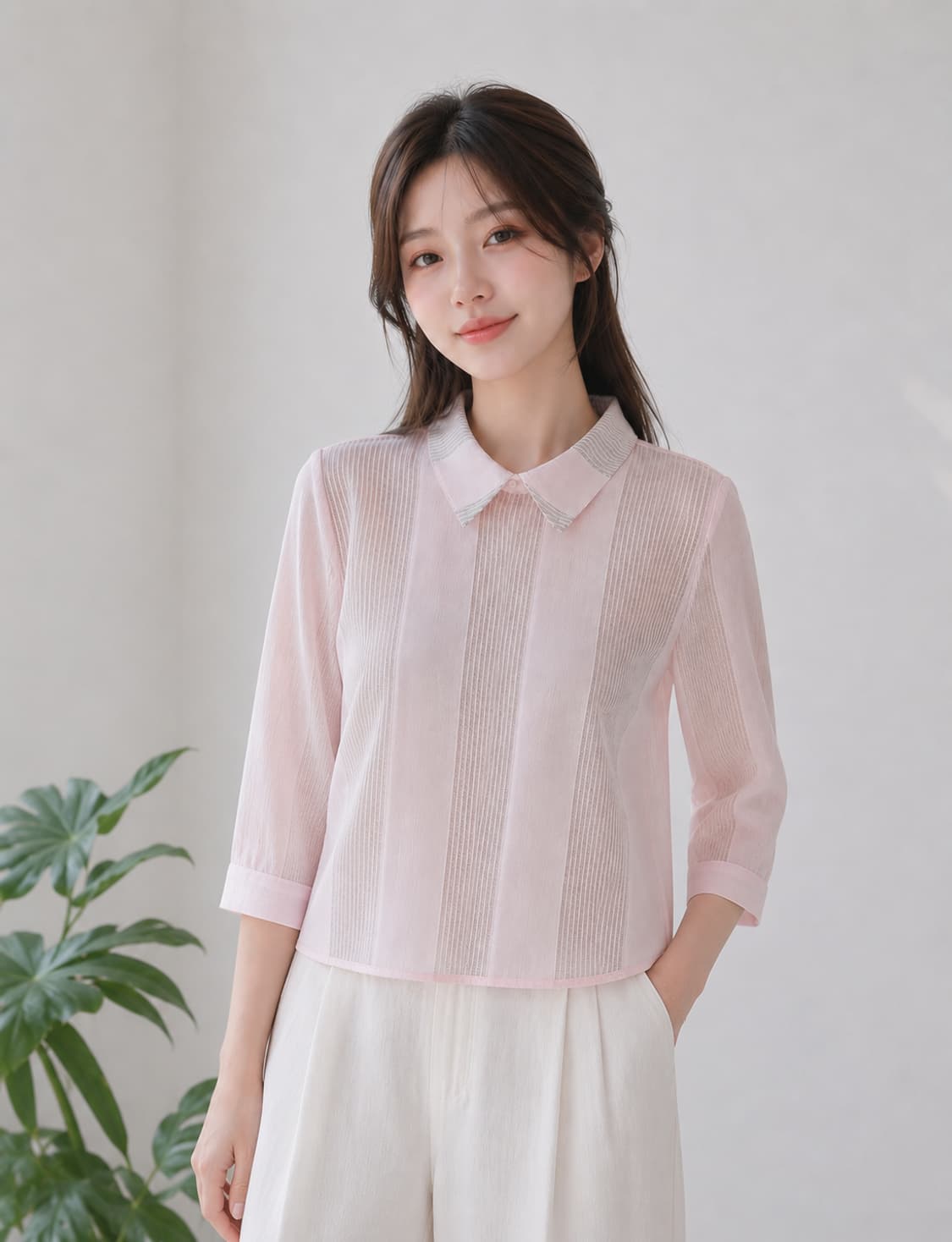 🌸 MOSKA 모스카 핑크 시스루 셔츠형 블라우스 55ㅣ 망사 레이어드 상품이미지1