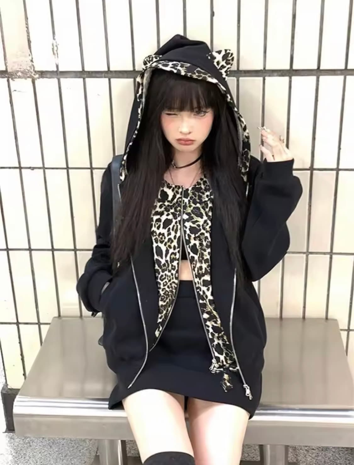 갸루 후드집업 호피갸루 레오파드 스트릿 y2k 상품이미지1
