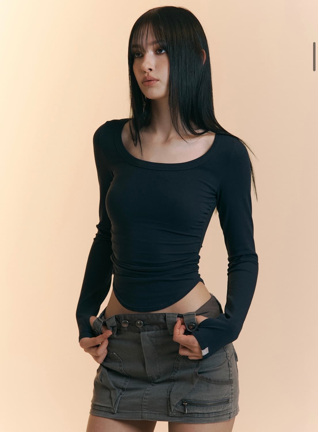 플리즈노팔로우 모모 셔링 탑 네이비 상품이미지1