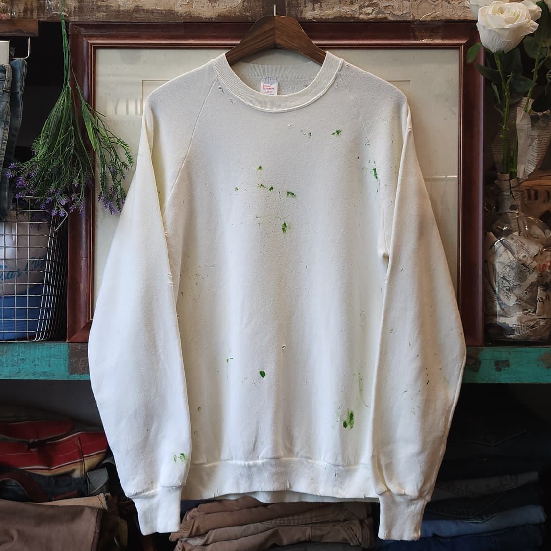 90s 빈티지 스웻셔츠 플레인 스웻셔츠 페인팅 데미지 화이트 L 상품이미지1