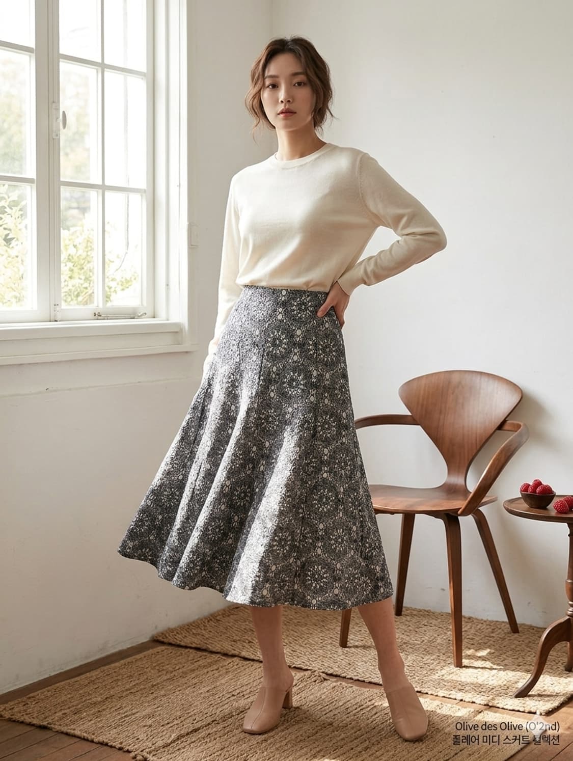 🩶 올리브 데 올리브 그레이 플라워 레이스 플레어 미디 스커트 55 상품이미지1