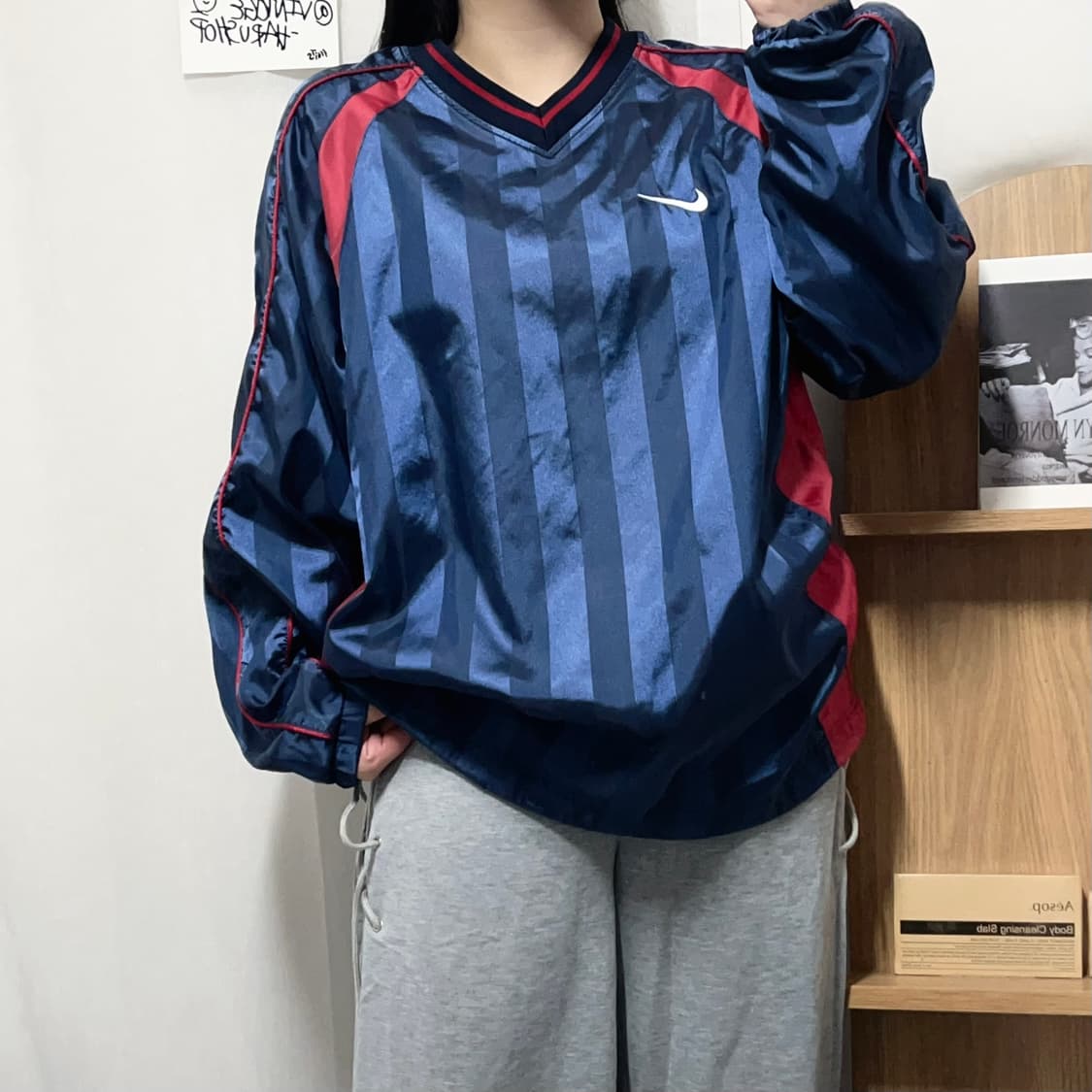 [정품] 나이키 네이비 스트라이프 스우시 블록코어 긴팔티 [ L ] 상품이미지1