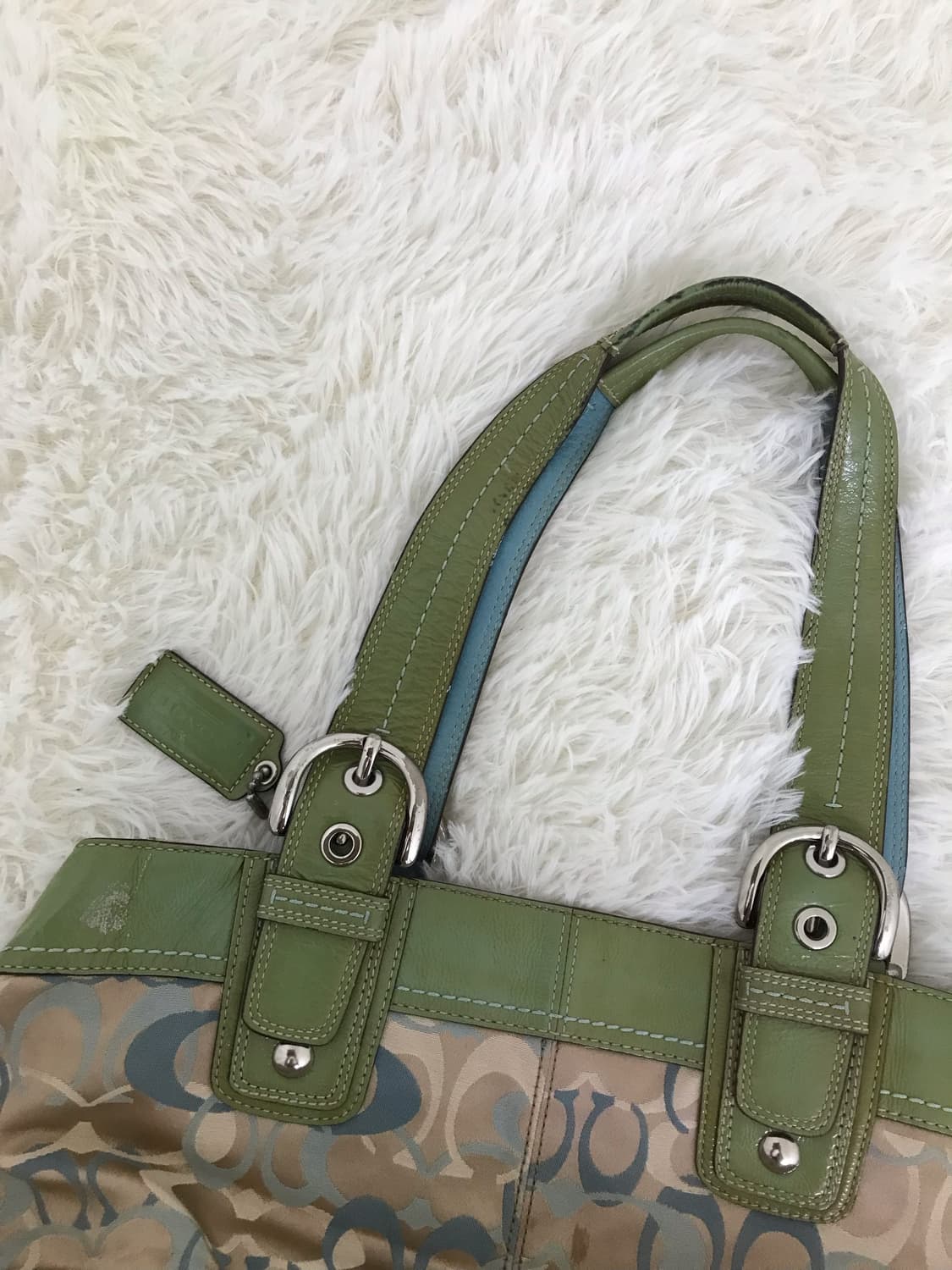 코치 버클 핸들 그린 블루 로고 패턴 빈티지 호보백 상품이미지3