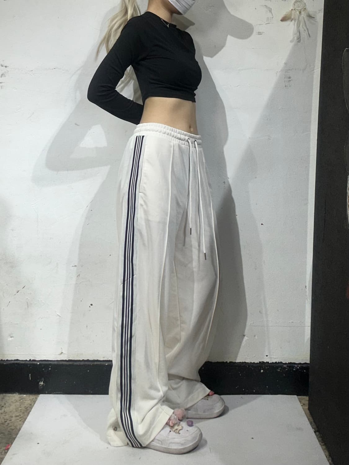 일본 빈티지 화이트 블랙 사이드 라인 와이드 추리닝 바지 F 상품이미지1